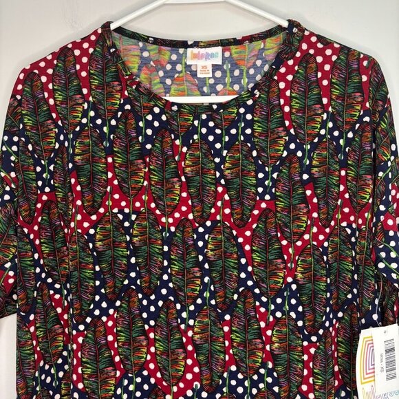 LuLaRoe Tops - LULAROE NEW Irma Women's XS Red Navy Feathers Stretch Hi-Lo Comfy